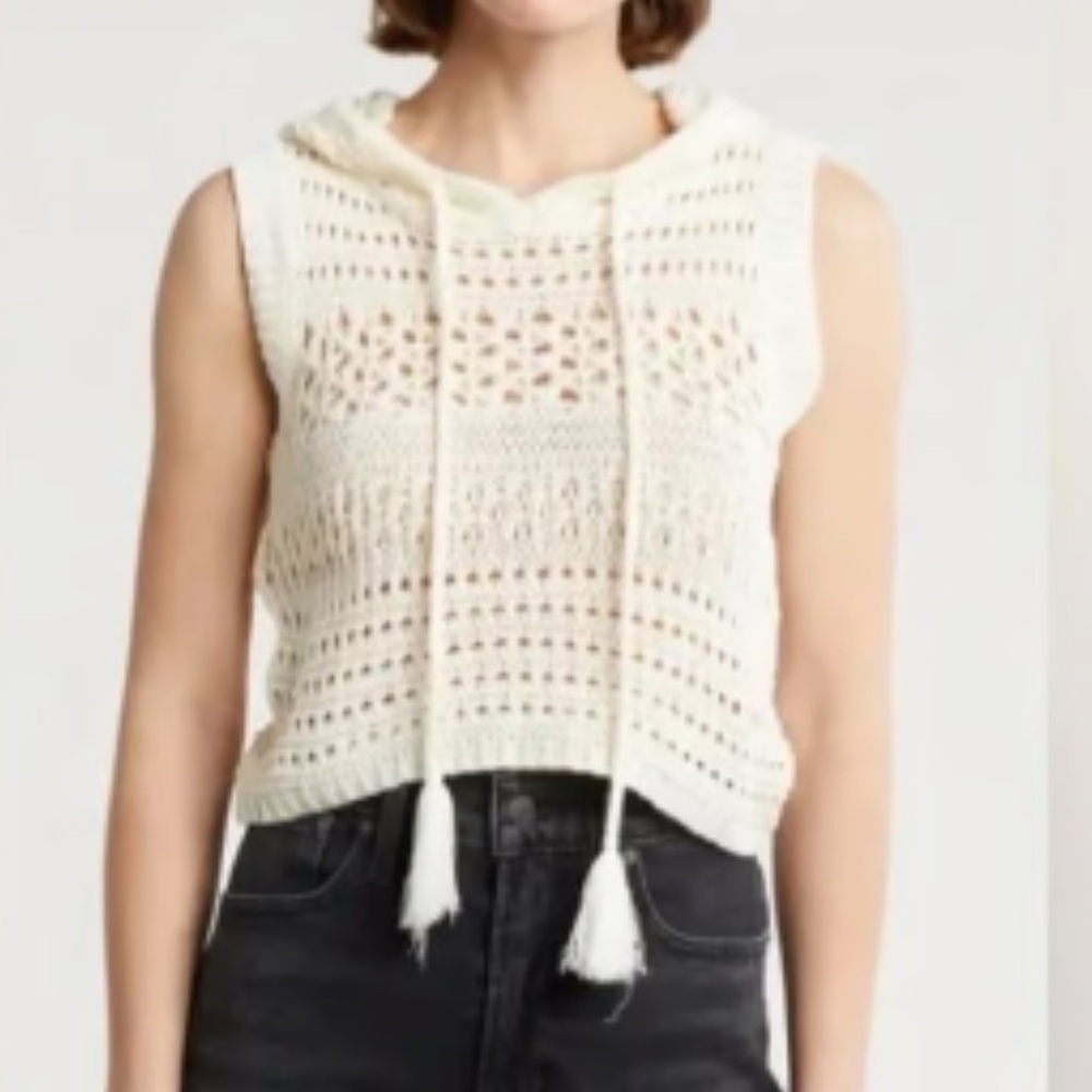 Zara Sweater Womens Ivory Open Knit Cropped Hoodie Tassel Tie Boho Size S